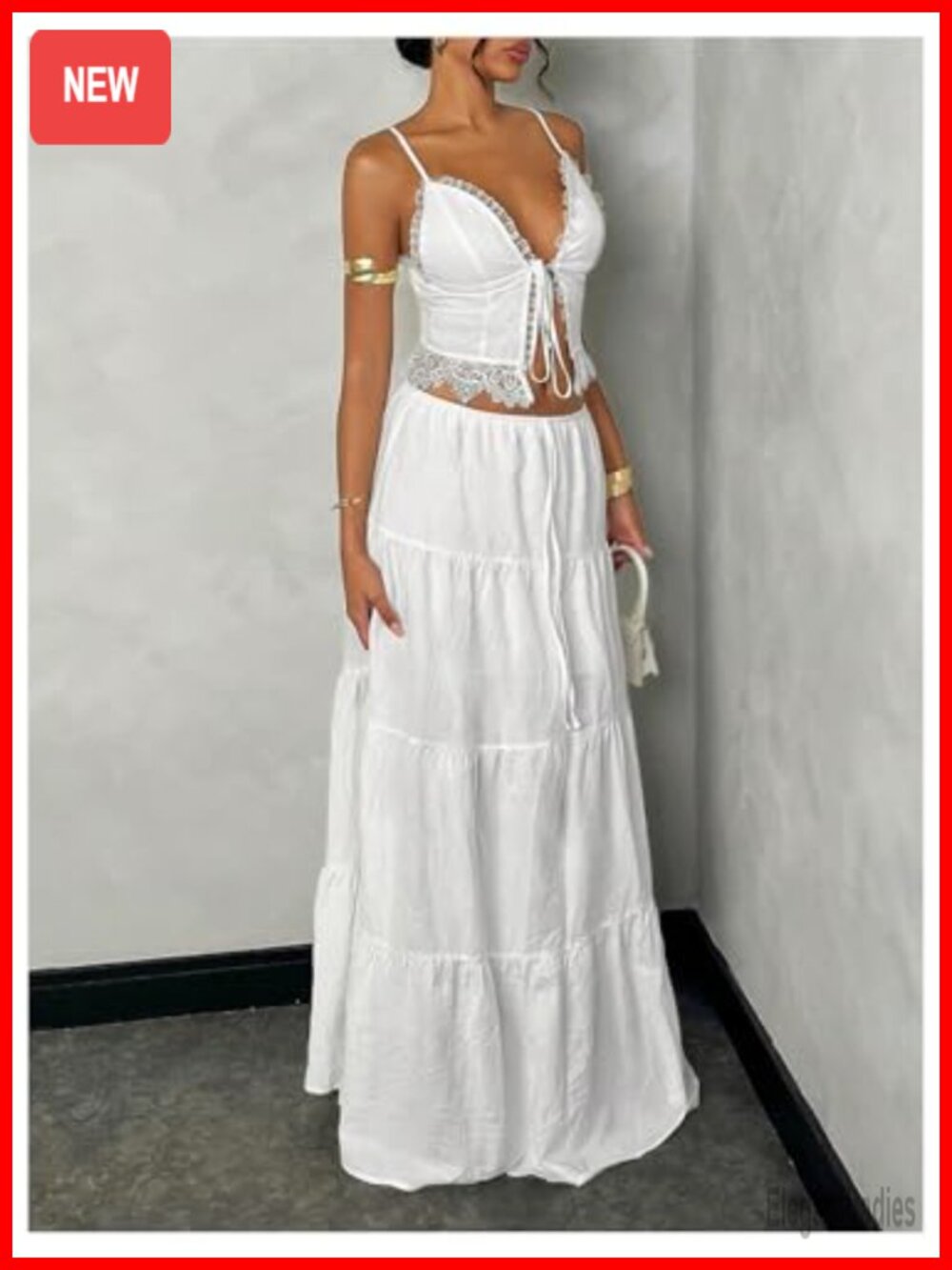 Floerns Women's 2 Piece Outfit Tie Front Camisole Top Tiered Maxi Skirt Set - Picture 2 of 5